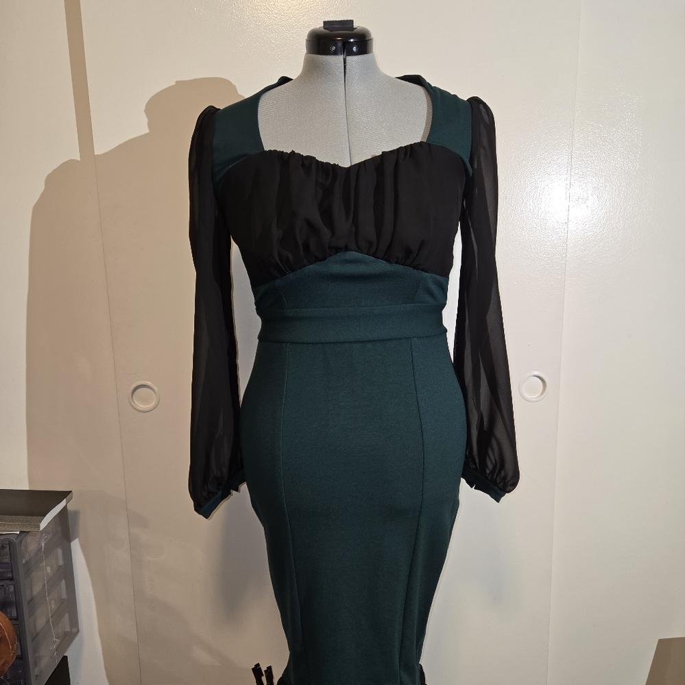 Pinup Couture Black and Green Bodycon Dress with Sweetheart Neckline